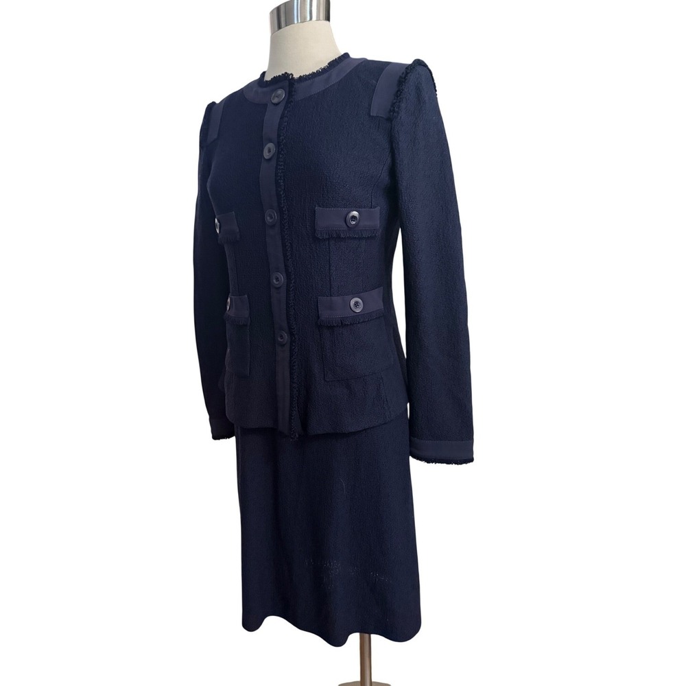 St. John Dress Suit Set SZ 6 WOOL Navy Micro Boucle Knit Fringe Jacket Sheath - Picture 3 of 16